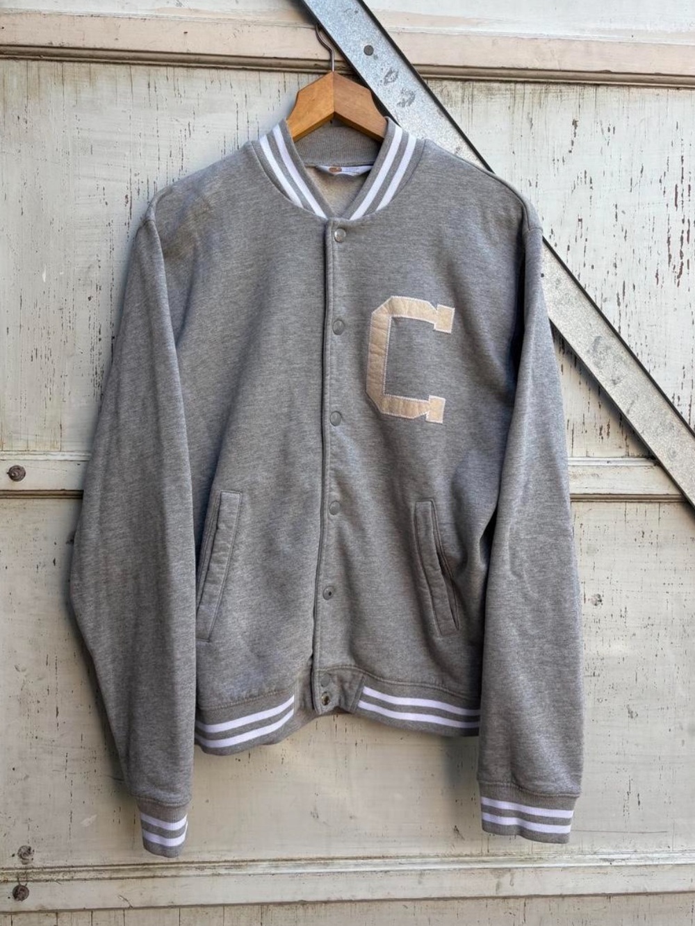 Vintage Carhartt Gray Varsity Bomber Cup Patched Cotton Button Up Jacket M